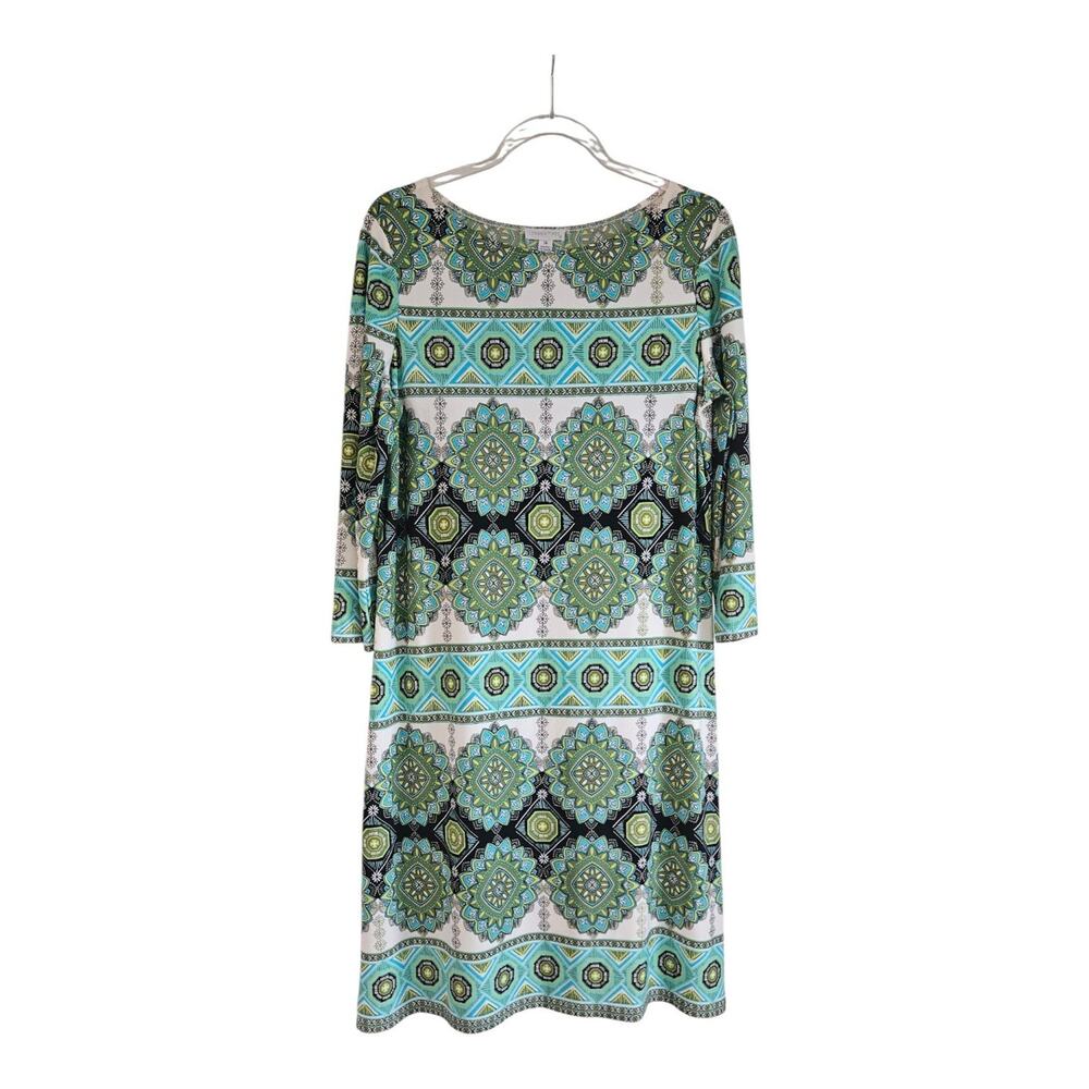 London Times Dress Womens Size 14 Stretch 3/4 Sleeves Bohemian Geometric